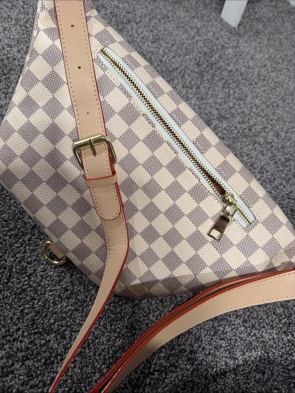 Designer-Style Cream Checkered Crossbody Bag with Tan Trim - Picture 4 of 4